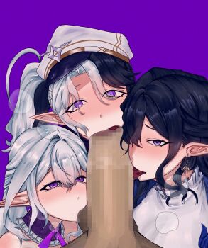 1boy 3girls absurdres bare_shoulders black_hair blush censored cooperative_fellatio dress earrings eileennoir fellatio group_sex hat highres indie_virtual_youtuber jewelry licking licking_penis long_hair looking_at_viewer mosaic_censoring multicolored_hair multiple_girls oral peaked_cap penis pointy_ears pov purple_background purple_eyes purple_ribbon ribbon silverpipe teamwork_(sexual) testicle_sucking tongue tongue_out two-tone_hair virtual_youtuber white_dress white_hair