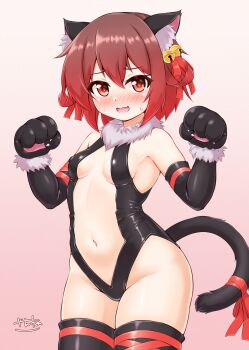 1girl animal_ears animal_hands bell black_gloves black_leotard black_thighhighs blush brown_hair cat_ears cat_paws cat_tail center_opening cosplay elbow_gloves fake_animal_ears fate/kaleid_liner_prisma_illya fate_(series) fur_collar gloves gradient_hair hair_bell hair_ornament highres illyasviel_von_einzbern illyasviel_von_einzbern_(beast_style) illyasviel_von_einzbern_(beast_style)_(cosplay) jingle_bell kantai_collection leotard multicolored_hair mutsuki_(kancolle) navel nose_blush paw_gloves paw_shoes red_eyes red_hair ribbon short_hair solo tail tail_ornament tail_ribbon thighhighs zanne