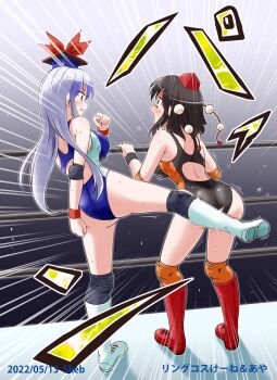 ass back black_hair black_leotard blue_hair blue_headwear blush breasts newsboy_cap catfight dated elbow_pads hat kamishirasawa_keine kicking knee_pads kousei_(public_planet) large_breasts leotard long_hair medium_breasts multicolored_leotard open_mouth orange_leotard pain pointy_ears red_eyes red_footwear rope shameimaru_aya stage_lights tokin_hat touhou touhou_tag_dream two-tone_leotard white_footwear wrestler wrestling wrestling_boots wrestling_outfit wrestling_ring