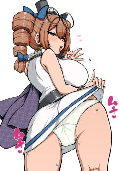 1girl ass bangle bow bracelet breasts coat drill_hair eyewear_on_head grey_hoodie hat hat_bow heart himajin_noizu hood hoodie huge_ass jewelry large_breasts mini_hat mini_top_hat pendant purple_coat round_eyewear solo sunglasses top_hat touhou twin_drills yorigami_jo'on