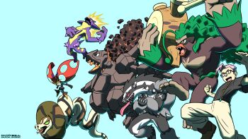 1boy aqua_background black_shirt boots bright_pupils brown_boots claws clenched_hand coal coalossal commentary_request crossed_arms drumsticks fangs forked_tongue gen_8_pokemon glasses highres holding holding_drumsticks holding_instrument instrument kuroki_shigewo long_tongue nintendo nostrils obstagoon open_mouth orange_eyes orbeetle original pants pink_hair pokemon pokemon_(creature) pokemon_team rillaboom round_eyewear sandaconda sharp_teeth shirt short_hair short_sleeves simple_background skin_fangs smile suspenders teeth tongue tongue_out toxtricity toxtricity_(amped) twitter_username white_pants white_pupils