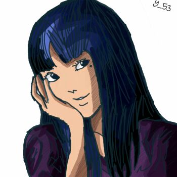 1girl blue_eyes blue_hair hands_on_own_face itou_junji_(style) junji_ito_collection kawakami_tomie long_hair model mole mole_under_eye non-web_source portrait purple_shirt self-upload shirt signature simple_background smile solo tomie white_background yatsuoshi_53