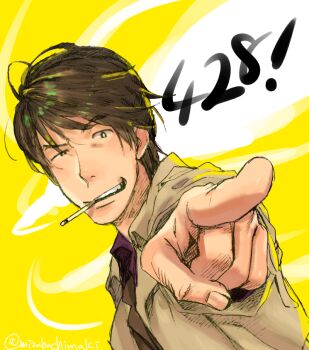 Rule 34 | 428 shibuya scramble, beige coat, brown hair, buchimaki, chunsoft, cigarette, coat, minorikawa minoru, pointing, simple background, smoking, title, yellow background