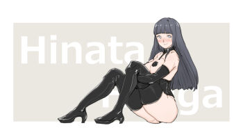 Rule 34 | 1girl, amanda kenny, blush, breasts, byakugan, commentary request, corset, full body, grey hair, highres, hyuuga hinata, large breasts, latex thigh boots, long hair, naruto (series), smile, solo, white eyes