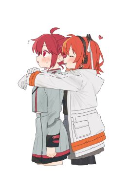 2girls a.i._voice adachi_rei arms_around_neck behind_another hashtag-only_commentary heart highres hug hug_from_behind kasane_teto kasane_teto_(sv) komori_kamome multiple_girls orange_hair red_eyes red_hair skirt smile surprised synthesizer_v utau white_background yuri