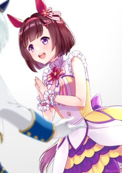 2girls akatsuki_(kuon) animal_ears blunt_bangs blush bow brown_hair commentary_request dress ear_covers ear_flower frilled_wrist_cuffs frills gloves hair_ornament hairband horse_ears horse_girl horse_tail jacket long_sleeves multiple_girls nishino_flower_(tiered_petal)_(umamusume) nishino_flower_(umamusume) official_alternate_costume open_mouth pink_hairband purple_eyes purple_skirt seiun_sky_(soiree_de_chaton)_(umamusume) seiun_sky_(umamusume) short_hair simple_background skirt sleeveless sleeveless_dress smile solo_focus tail teeth umamusume upper_teeth_only white_background white_dress white_gloves white_jacket wrist_cuffs x_hair_ornament yellow_dress yellow_skirt