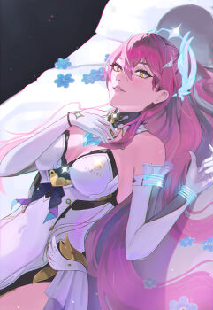 Rule 34 | 1girl, absurdres, aemeath (wuthering waves), bare shoulders, breasts, cleavage, commentary, covered navel, elbow gloves, gloves, hair between eyes, hand up, highres, leotard, light smile, long hair, looking at viewer, lying, medium breasts, on back, parted lips, pink hair, solo, star-shaped pupils, star (symbol), strapless, strapless leotard, symbol-shaped pupils, tacet mark (wuthering waves), white gloves, white leotard, wuthering waves, yellow eyes, z1raell