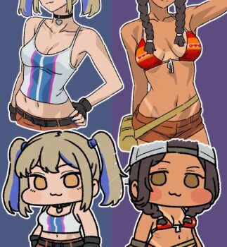2girls baseball_cap bikini blonde_hair braid choker dark-skinned_female dark_skin gloves gundam gundam_hathaway's_flash hala_morley hashtag-only_commentary hat jazz_jack julia_suga looking_at_viewer multicolored_hair multiple_girls navel shorts swimsuit tan tank_top tanline twin_braids twintails two-tone_hair