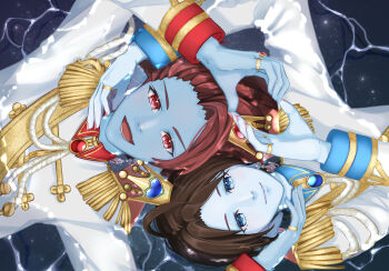 Rule 34 | 2boys, :d, absurdres, ahoge, androgynous, arm up, blue eyes, blue gemstone, blue nails, blue skin, brooch, brown hair, buttons, cham (user mfgf5733), colored skin, commentary request, crown, double-breasted, dragon quest, dragon quest x, earrings, epaulettes, fangs, fins, fish boy, from above, gem, gold ring, gold trim, head fins, heart, heart hands, heart hands duo, highres, jewelry, looking at viewer, looking up, lying, male focus, mini crown, multiple boys, multiple rings, on back, open mouth, parted hair, pink nails, red eyes, red gemstone, red hair, ring, shirt, skin fangs, smile, upper body, water, weddie (dq10), white shirt