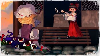 &gt;_&lt; 2girls angry autumn_leaves blonde_hair border brown_hair closed_eyes detached_sleeves dress eddybird55555 falling_leaves from_behind gap_(touhou) glitch gohei hakurei_reimu hat hat_ribbon highres holding holding_gohei leaf mob_cap multiple_girls non-web_source on_stairs open_mouth outdoors purple_dress red_ribbon ribbon shaded_face shrine sleeveless stairs touhou touhou_lensed_night_sky_kaseigai white_sleeves yakumo_yukari
