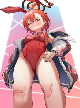 1girl absurdres ahoge animal_ear_hairband animal_ears asymmetrical_hair bandaid bandaid_on_knee bandaid_on_leg black_halo black_nails blue_archive bow bowtie braid detached_collar fake_animal_ears from_below hairband halo hand_on_own_hip highres huge_ahoge jacket leotard mole mole_under_each_eye mole_under_eye multiple_moles nail_polish neru_(blue_archive) neru_(bunny)_(blue_archive) orange_hair oversized_breast_cup playboy_bunny print_jacket rabbit_ears red_bow red_bowtie red_eyes red_leotard short_hair single_braid solo strapless strapless_leotard sukajan taeman traditional_bowtie