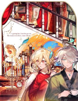 2boys alarm_clock alhaitham_(genshin_impact) animal_ears antenna_hair appleboneeee bird blanket blonde_hair book braid candelabra candle candlestand chest_jewel chinese_commentary clock coffee coffee_mug collarbone commentary_request cup curtains ears_down english_text eyelashes feather_hair_ornament feathers fire floating floating_object fox_boy fox_ears fox_tail gem genshin_impact gingerbread_man green_eyes green_gem green_hair grey_hair grey_robe hair_between_eyes hair_ornament hair_over_one_eye hand_up highres holding holding_cup kaveh_(genshin_impact) long_hair long_sleeves looking_to_the_side male_focus mug multicolored_hair multiple_boys multiple_views non-humanoid_robot one_eye_covered open_mouth parted_bangs pendulum_clock phonograph picture_frame quill railing red_eyes red_robe robe robot robot_animal robot_bird shelf short_hair sleeves_past_wrists sparkle stairs standing swept_bangs table tail teeth upper_body vase wall_clock wide_sleeves winding_key