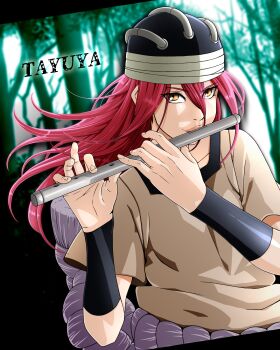 1girl absurdres black_border border bracelet character_name commentary flute forest green_background hair_between_eyes helmet highres holding holding_instrument instrument jewelry long_hair looking_at_viewer music naruto_(classic) naruto_(series) nature orange_eyes playing_flute playing_instrument red_hair saburo_des shirt short_sleeves tayuya_(naruto) undershirt upper_body white_shirt