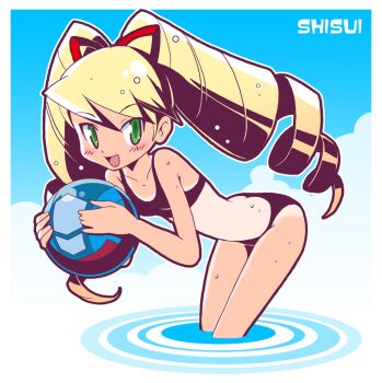 1girl artist_name ball beachball bikini black_bikini blonde_hair bow commentary_request drill_hair green_eyes hair_bow holding holding_ball holding_beachball long_hair luna_platz_(mega_man) mega_man_(series) mega_man_star_force_(series) midriff open_mouth shisui smile swimsuit twin_drills very_long_hair wet