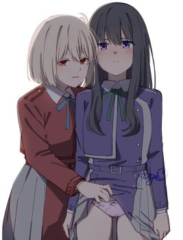 2girls belt blonde_hair blue_bow blue_bowtie bow bowtie clothes_lift collared_dress commentary_request dress dress_lift green_bow green_bowtie grey_hair highres inoue_takina kage_ochi long_hair looking_at_viewer lycoris_recoil lycoris_uniform medium_hair multiple_girls nishikigi_chisato open_mouth panties pink_panties pleated_dress purple_eyes red_eyes school_uniform underwear