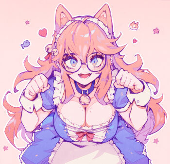 1girl alternate_costume animal_ears black-framed_eyewear black_collar blue_dress body_freckles breast_freckles breasts cat_ears cat_girl cleavage collar commentary dress english_commentary enmaided freckles glasses heart highres kaz_asteri kemonomimi_mode large_breasts long_hair looking_at_viewer maid maid_headdress negative_frames open_mouth orange_hair parororo paw_pose pink_background smile solo white_wrist_cuffs wrist_cuffs