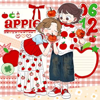 2girls apple apple_print bent_over blue_shirt bow brown_eyes brown_hair choppy_bangs closed_eyes clover commentary curtained_hair english_text food food_print four-leaf_clover fruit fruit_print gingham green_apple highres holding holding_food holding_fruit long_skirt looking_at_another mannerer62 multiple_girls open_mouth original red_shirt red_shoes shirt shoes short_hair shorts skirt sneakers surprised white_shirt white_skirt