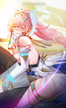 1boy 1girl absurdres adoptive_parent_and_adoptive_child aemeath_(wuthering_waves) bare_shoulders blush breasts closed_eyes commentary_request elbow_gloves facing_viewer gloves hair_ornament hand_up highres jitui_juzi long_hair male_rover_(wuthering_waves) medium_breasts multiple_riders pink_hair rover_(wuthering_waves) skirt smile solo_focus tears thighs turning_head user_interface v white_gloves white_skirt wuthering_waves