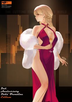 Rule 34 | 1girl, absurdres, artist name, assault rifle, blonde hair, breasts, bullpup, champagne flute, character name, chinese commentary, cityscape, commentary request, copyright name, covenant halo (girls' frontline 2), cup, dress, drinking glass, earrings, girls' frontline, girls' frontline 2: exilium, groza (girls' frontline 2), gun, highres, holding, holding cup, jewelry, long hair, mk xlviii, official alternate costume, ots-14 (girls' frontline), ots-14 (ruler of the banquet) (girls' frontline), ots-14 groza, red dress, rifle, shawl, solo, weapon, white shawl