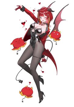 1girl absurdres ahoge akane_lize black_choker black_leotard black_pantyhose black_shoes blonde_hair blush breasts brown_eyes choker cleavage collarbone commentary_request covered_navel demon_horns demon_tail demon_wings earrings full_body gloves grabbing_own_tail hair_ornament hairclip half_gloves heart high_heels highleg highleg_leotard highres horns jacket jewelry leotard looking_at_viewer medium_breasts mole mole_on_cheek multicolored_hair one_eye_closed open_clothes open_jacket open_mouth outstretched_arm pantyhose pendant_choker pienna_(akane_lize) red_gloves red_hair red_jacket shoes simple_background solo stellive strapless strapless_leotard streaked_hair tail thigh_strap virtual_youtuber white_background wings wonbin_lee