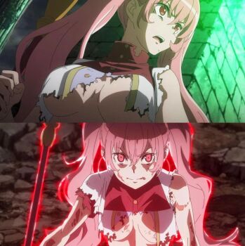 1girl breasts burn_scar burnt_clothes closed_mouth dungeon_ni_deai_wo_motomeru_no_wa_machigatteiru_darou_ka female_focus heith_velvet highres holding holding_staff large_breasts long_hair looking_at_viewer magic_staff no_bra open_mouth pink_hair red_eyes scar sexually_suggestive solo solo_focus staff stitched sweat sweater teeth third-party_edit twintails underboob upper_teeth_only very_long_hair