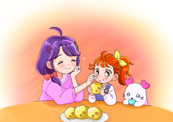 Rule 34 | 2girls, aged down, ahoge, blue overalls, bread, bright pupils, eating, food, food on face, green eyes, hair ornament, hair over shoulder, hair ribbon, hairclip, hand on another's face, head rest, holding, holding food, jewelry, kururun (precure), kyanos (b 0000ff), medium hair, multiple girls, natsuumi manatsu, open mouth, overalls, ponytail, precure, purple hair, purple shirt, ribbon, ring, shirt, side ponytail, suzumura sango, table, tropical-rouge! precure, white pupils, white shirt, yellow ribbon