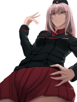 Rule 34 | 1girl, absurdres, black hat, black jacket, breasts, collared shirt, from below, garrison cap, girls und panzer, glaring, grey hair, hand on own hip, hat, highres, itsumi erika, jacket, kuromorimine military uniform, long hair, long sleeves, looking at viewer, miniskirt, red shirt, red skirt, shirt, skirt, staring, vv1ngedhussar