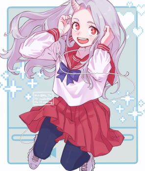 1girl black_pantyhose blue_bow blush boku_no_hero_academia bow earbuds earphones eri_(boku_no_hero_academia) grey_hair heart highres horns long_hair long_sleeves looking_at_viewer m7z_ttr open_mouth pantyhose pleated_skirt red_eyes red_sailor_collar red_skirt sailor_collar school_uniform serafuku shirt shoes single_horn skirt smile solo sparkle teeth upper_teeth_only