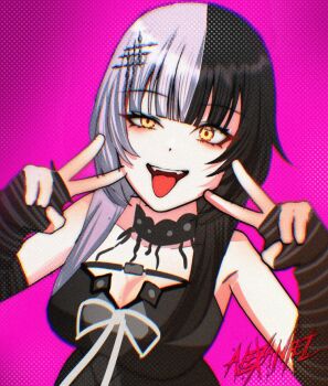 Rule 34 | 1girl, alexaniel, artist name, black arm warmers, black choker, black dress, black hair, breasts, choker, cleavage, double v, dress, grey hair, hololive, hololive english, large breasts, looking at viewer, multicolored hair, open mouth, pink background, ribbon, shiori novella, shiori novella (1st costume), solo, split-color hair, striped arm warmers, teeth, tongue, tongue out, two-tone hair, upper teeth only, v, virtual youtuber, white ribbon, yellow eyes