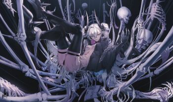 1girl ass black_thighhighs bone boots breasts chest_tattoo commentary demon_horns fate/grand_order fate_(series) gradient_hair green_eyes horns large_breasts lilith_(fate) lilith_(second_ascension)_(fate) long_hair looking_at_viewer multicolored_hair pink_hair pubic_tattoo reluvy skeleton skull solo symbol-only_commentary tattoo thigh_boots thighhighs twintails