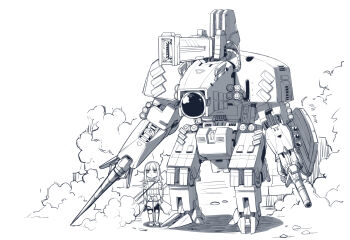 1girl absurdres armor cannon commentary_request doppelsoldner_(girls'_frontline) female_focus girls'_frontline greyscale height_difference highres kokukyukeo korean_text long_hair m4a1_(girls'_frontline) m4a1_(mod3)_(girls'_frontline) machine magnetic_weapon mecha missile_pod mod3_(girls'_frontline) monochrome polearm railgun robot rock shadow simple_background solo spear standing weapon white_background