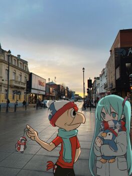 1boy 1girl andean_condor animal_charm aqua_eyes aqua_hair aqua_scarf beanie bird bird_boy black_pants building charm_(object) chilean_flag condorito condorito_(character) covered_mouth feathers flag_print grey_jacket hat hatsune_miku highres jacket lamppost long_hair outdoors pale_skin pants patchwork_clothes penguin pocket pom_pom_(clothes) pom_pom_beanie pom_pom_hat_ornament real_world_location red_feathers red_shirt ri_(qrcode) scarf shirt short_sleeves stuffed_animal stuffed_penguin stuffed_toy sunset t-shirt traffic_light twintails very_long_hair vocaloid wet_floor