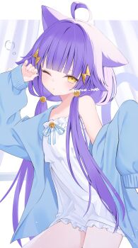 1girl absurdres ahoge animal_ears bell blue_jacket blunt_bangs camisole cat_ears character_request commentary hair_bell hair_ornament highres jacket lightning_bolt lightning_bolt_hair_ornament lightning_bolt_symbol long_hair long_sleeves looking_at_viewer low_twintails one_eye_closed original purple_hair single_bare_shoulder single_off_shoulder solo terano_naa twintails white_camisole yellow_eyes