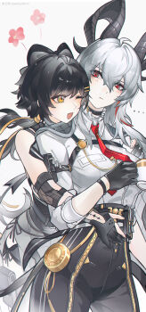 ... 2girls :d absurdres artist_name black_bow black_choker black_gloves black_horns black_pants bow breasts button_gap chest_harness chinese_commentary choker closed_mouth collared_shirt commentary_request cup curled_horns elbow_pads female_rover_(wuthering_waves) flower gloves grey_hair hair_between_eyes hair_bow harness high-waist_pants highres holding holding_cup horns hug hug_from_behind large_breasts long_hair low_ponytail multicolored_hair multiple_girls necktie one_eye_closed open_mouth pants partially_fingerless_gloves ponytail red_eyes red_necktie rover_(wuthering_waves) shirt shirt_tucked_in smile streaked_hair tacet_mark_(wuthering_waves) teacup tight_clothes tight_pants ting_zhi_yue white_shirt wuthering_waves yellow_eyes yuri zani_(wuthering_waves)
