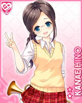 1girl blue_eyes brown_hair card_(medium) cardigan character_name girlfriend_(kari) glasses hino_kanae holding holding_instrument holding_trumpet instrument looking_at_viewer official_art pink_background plaid_clothes plaid_skirt pleated_skirt qp:flapper red_skirt school_uniform skirt sleeves_rolled_up smile solo trumpet v yellow_cardigan
