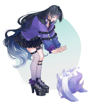 1girl 1other :d ankle_scrunchie artist_name black_collar black_hair black_nails black_shirt black_shoes blunt_bangs blush braid breasts chest_tattoo closed_eyes collar collared_shirt commentary commentary_request ear_piercing earrings english_commentary eyelashes fingernails fishnet_socks fishnet_thighhighs fishnets frilled_skirt frills garter_straps gold_earrings gradient_hair green_skirt grey_hair high_heels jacket jewelry large_breasts leaning_forward long_fingernails long_hair long_sleeves looking_up lunlun_(nijisanji) meloco_kyoran meloco_kyoran_(1st_costume) mixed-language_commentary multicolored_hair nail_polish nijisanji nijisanji_en o-ring o-ring_thigh_strap off_shoulder open_clothes open_jacket open_mouth outstretched_arms piercing plaid_clothes plaid_skirt platform_heels purple_hair purple_jacket purple_scrunchie purple_streaks raised_eyebrows scrunchie shirt shoes side_braids signature simple_background single_sock single_thighhigh skirt smile socks spiked_ear_piercing standing streaked_hair suda_ayaka tattoo thigh_strap thighhighs very_long_hair virtual_youtuber wavy_hair white_background wrist_scrunchie