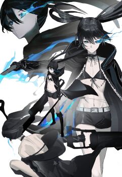 absurdres arm_cannon belt bikini bikini_top_only black_coat black_hair black_rock_shooter black_rock_shooter_(character) black_shorts blue_eyes blue_fire boots coat fire flaming_eye front-tie_bikini_top front-tie_top glowing glowing_eye highres hood hooded_coat long_hair no_shirt open_clothes open_coat pale_skin rock_cannon scar shorts swimsuit sword twintails uneven_twintails weapon wen54