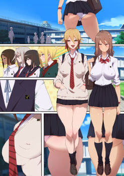 6+girls agovitch ahoge ass black_hair blonde_hair blush bow bowtie breasts brown_hair close-up closed_mouth covered_erect_nipples dark-skinned_female dark_skin day diagonal-striped_neckwear feet full_body grey_hair hair_between_eyes hands_in_pocket happy highres large_breasts legs miniskirt multiple_girls necktie no_bra open_mouth original panties pantyshot partially_visible_vulva school school_uniform seifuku_bishoujo_2gakki_ee!?_oshiri_ni_koishiteru?_cheer_girl-chan_to_dosukebe_na_onnanoko-tachi_dattee? sequential shoes skirt sky smile socks standing striped_neckwear thighs underwear upskirt walking yellow_eyes