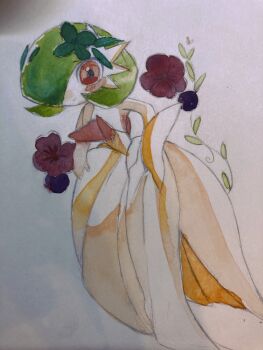 Rule 34 | 1girl, blush, blush stickers, bob cut, closed mouth, colored skin, dress, elbow gloves, female focus, flat chest, flower, full body, gardevoir, gen 3 pokemon, gloves, green flower, green hair, hair flower, hair ornament, hair over one eye, happy, long dress, looking at viewer, mega gardevoir, mega pokemon, nintendo, one eye covered, painting (medium), pokemon, pokemon (creature), powerpuff (pixiv 60944739), red eyes, red flower, short hair, simple background, smile, solo, standing, traditional media, watercolor (medium), white background, white dress, white gloves, white skin