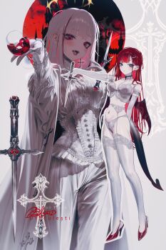 2girls absurdres akane_lize arm_garter black_ribbon blood blouse bra breasts castle cicei coat commentary_request corset cross cross_earrings cup dagger demon_tail demon_wings drinking_glass dual_persona earrings elbow_gloves fangs frilled_corset frills garter_belt gloves grey_eyes hair_ornament hairclip halo high_heels highres holding holding_dagger holding_knife holding_weapon jewelry knife lace lace-trimmed_bra lace-trimmed_panties lace-trimmed_thighhighs lace_trim lingerie medium_breasts mole mole_under_eye multicolored_hair multiple_girls navel neck_ribbon open_mouth orange_streaks pale_skin panties pants parted_lips red_eyes red_shoes red_sky red_streaks ribbon shirt shoes sky slit_pupils standing stellive streaked_hair tail thighhighs underwear underwear_only vampire virtual_youtuber weapon white_coat white_corset white_garter_belt white_gloves white_hair white_pants white_shirt wine_glass wings yellow_halo