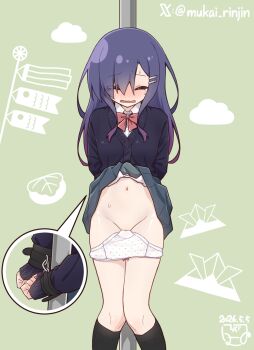 1girl black_cardigan black_socks blush bound bound_wrists bow bow_panties bowtie cardigan closed_eyes clothes_lift collared_shirt commentary_request dated embarrassed green_background grey_skirt hair_between_eyes highres humiliation kneehighs knees_together_feet_apart long_bangs long_hair mukai_rinjin navel nose_blush original panties panty_pull parted_bangs pee_stain polka_dot polka_dot_panties purple_hair raised_inner_eyebrows red_bow red_bowtie school_uniform shirt skirt skirt_lift socks solo stained_panties standing straight_hair sweat twitter_username underwear white_panties white_shirt
