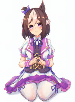 1girl absurdres animal_ears blush bow braid brown_hair closed_mouth collared_shirt commentary_request ear_bow full_body hair_between_eyes highres horse_ears jacket multicolored_hair neck_ribbon one_ear_down own_hands_together pleated_skirt puffy_short_sleeves puffy_sleeves purple_bow purple_eyes purple_ribbon ribbon seiza shadow shirt short_sleeves simple_background sitting skirt smile solo special_week_(special_dreamer)_(umamusume) special_week_(umamusume) taikihori thighhighs two-tone_hair umamusume white_background white_hair white_jacket white_shirt white_skirt white_thighhighs wrist_cuffs