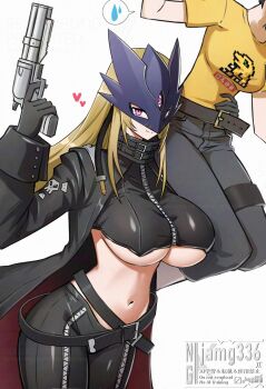 2girls agumon artist_name beelstarmon black_coat black_gloves black_pants black_vest blonde_hair breasts coat commentary_request cowboy_shot cropped_vest digimon digimon_(creature) eye_mask gloves gun heart highres holding holding_gun holding_weapon huge_breasts jamg336 leather leather_belt leather_pants leather_vest long_hair looking_at_viewer mask midriff multiple-barrel_gun multiple_girls navel open_clothes open_coat pants pink_eyes shirt short_sleeves sidelocks simple_background sitting_on_shoulder skull_print smile spoken_sweatdrop stomach sweatdrop third_eye underboob vest watermark weapon white_background yellow_shirt zipper