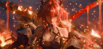 1girl absurdres arknights arknights:_endfield artist_name bare_shoulders black_dress black_horns breasts closed_mouth commentary demon_horns dress expressionless fire flaming_sword flaming_weapon hair_between_eyes hair_intakes highres horns jvn laevatein_(arknights) lava long_hair looking_at_viewer medium_breasts purple_eyes red_hair solo surtr_(arknights) sword upper_body weapon