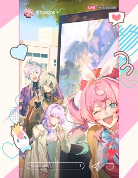 2boys 2girls absurdres alternate_costume alternate_universe anaxa_(honkai:_star_rail) antenna_hair black_gloves black_sweater blue_coat blue_hairband brown_coat castorice_(honkai:_star_rail) castorice_(luckin_coffee)_(honkai:_star_rail) closed_eyes closed_mouth clothing_cutout coat commentary commentary_request contemporary cup day disposable_coffee_cup disposable_cup drill_hair english_commentary english_text eyepatch fake_phone_screenshot fake_screenshot fingerless_gloves gloves gradient_hair green_hair hairband hand_up hat heart highres holding holding_cup honkai:_star_rail honkai_(series) hyacine_(honkai:_star_rail) leaning_forward little_ica_(honkai:_star_rail) livestream long_hair looking_at_viewer lyrie_luna mixed-language_commentary multicolored_hair multiple_boys multiple_girls official_alternate_costume one_eye_closed open_clothes open_coat open_mouth outdoors partial_commentary phainon_(honkai:_star_rail) phainon_(luckin_coffee)_(honkai:_star_rail) pink_hair pointy_ears purple_eyes purple_hair red_hat selfie shirt short_hair shoulder_cutout smile spoken_heart sweater turtleneck turtleneck_sweater twin_drills v very_long_hair white_hair white_shirt white_sweater