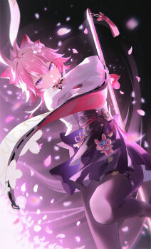 1girl absurdres aki_maple animal_ears black_background black_pantyhose bow commentary_request evanescia_(honkai:_star_rail) falling_petals feet_out_of_frame flower fox_ears fox_girl hair_bow hair_flower hair_ornament highres holding holding_sword holding_weapon honkai:_star_rail honkai_(series) long_sleeves looking_at_viewer pantyhose petals pink_hair pink_pupils purple_eyes shirt short_hair_with_long_locks skirt solo sword thigh_strap weapon white_shirt wide_sleeves