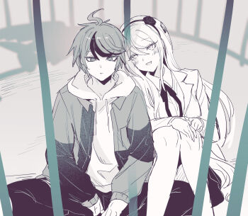 1boy 1girl ahoge cage collared_shirt flower hairband hands_on_own_knee highres hood hood_down hoodie in_cage jacket jacket_over_hoodie kashimiya_karua lapels long_hair long_sleeves monochrome multicolored_hair neck_ribbon notched_lapels open_clothes open_jacket open_mouth pants ribbon shirt short_hair sitting smile streaked_hair sumino_takumi the_hundred_line_-last_defense_academy- two-tone_hair wing_collar zuzuko