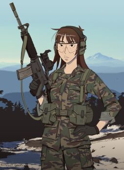 Rule 34 | 1girl, artist name, assault rifle, black eyes, black gloves, brown hair, buck teeth, camouflage, camouflage jacket, camouflage pants, ear protection, freckles, gloves, gun, hand on own hip, highres, hitsuji (hitsujigoods), holding, holding gun, holding weapon, jacket, kara eklund, military combat uniform, military fatigues, military uniform, mountain, mountainous horizon, neet girl date night, optical sight, pants, pouch, rifle, safety glasses, scope, sleeves rolled up, snow, solo, teeth, tree, trigger discipline, weapon