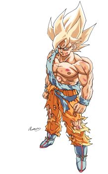 1boy abs absurdres blonde_hair blood blood_from_mouth blue_boots blue_sash blue_shirt blue_wrist_cuffs boots clenched_hands dragon_ball dragonball_z green_eyes highres male_focus medium_hair muscular muscular_male orange_pants pants ruemr03190_0 sash shirt simple_background solo son_goku spiked_hair super_saiyan super_saiyan_1 torn_clothes torn_pants torn_shirt white_background wrist_cuffs