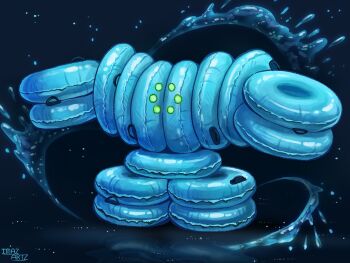 absurdres artist_name blue_background blue_theme commentary english_commentary fakemon full_body glowing glowing_eyes green_eyes highres imazartz inflatable_toy innertube nintendo no_humans outstretched_arms photo-referenced pokemon pokemon_(creature) splashing spread_arms standing swim_ring water